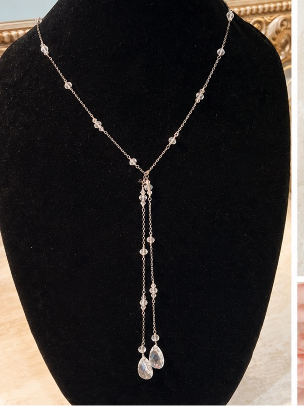 Delicate Silver Lariat Necklace with Crystal Teardrops